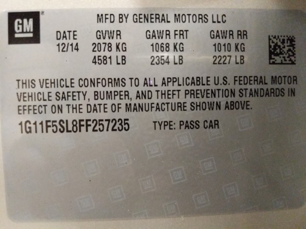 2015 Chevrolet Malibu - VIN Plate