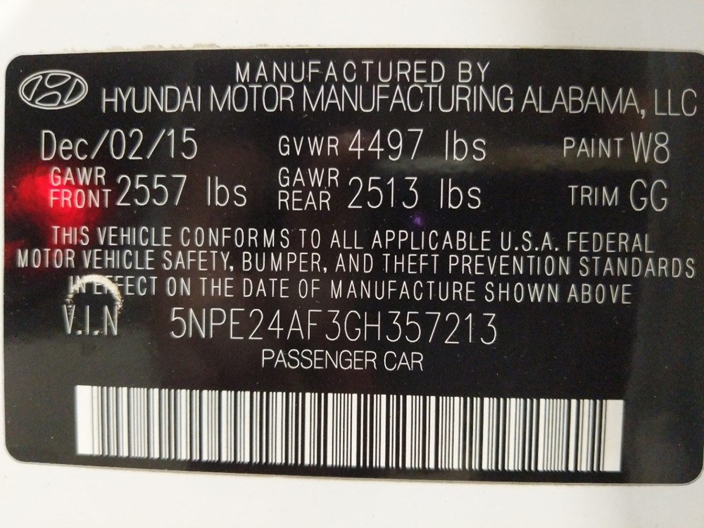 2016 Hyundai Sonata - VIN Plate