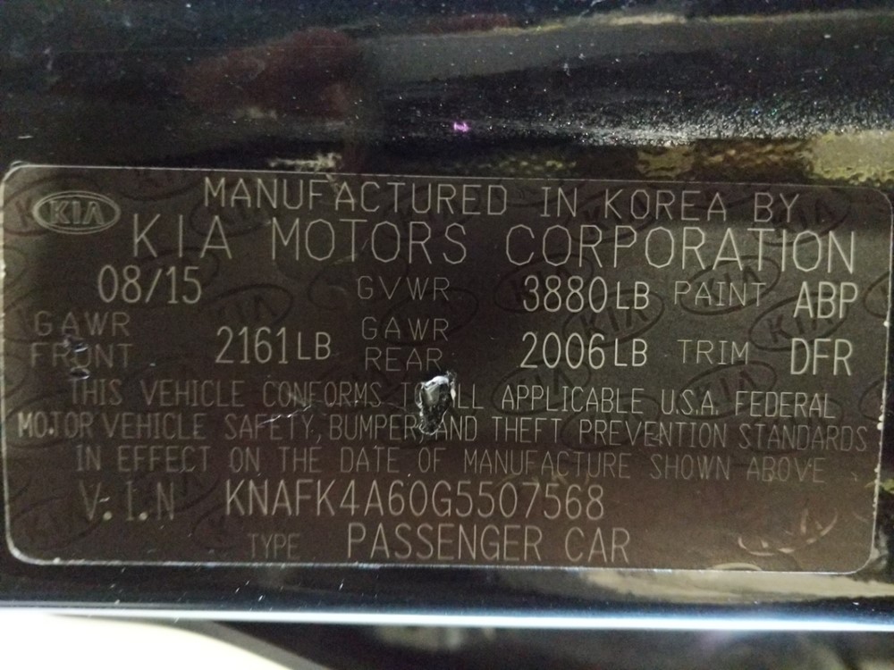 2016 Kia Forte - VIN Plate