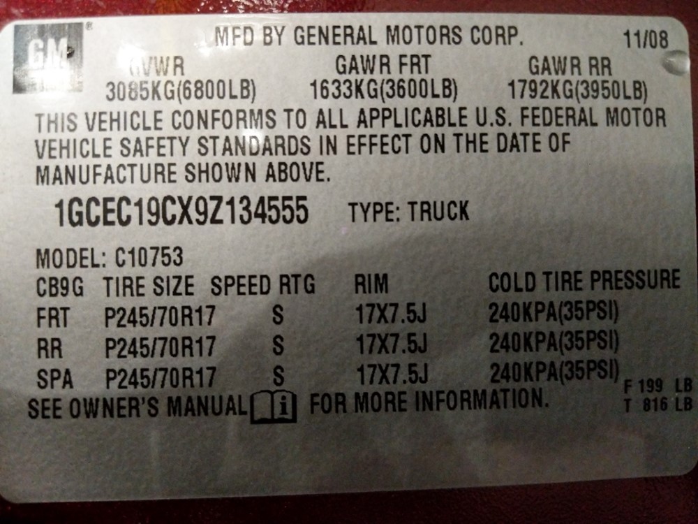 2009 Chevrolet Silverado 1500 - VIN Plate