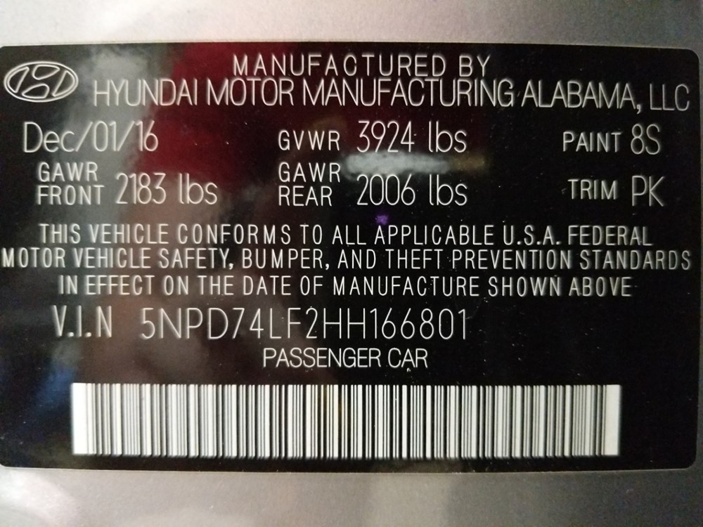 2017 Hyundai Elantra - VIN Plate