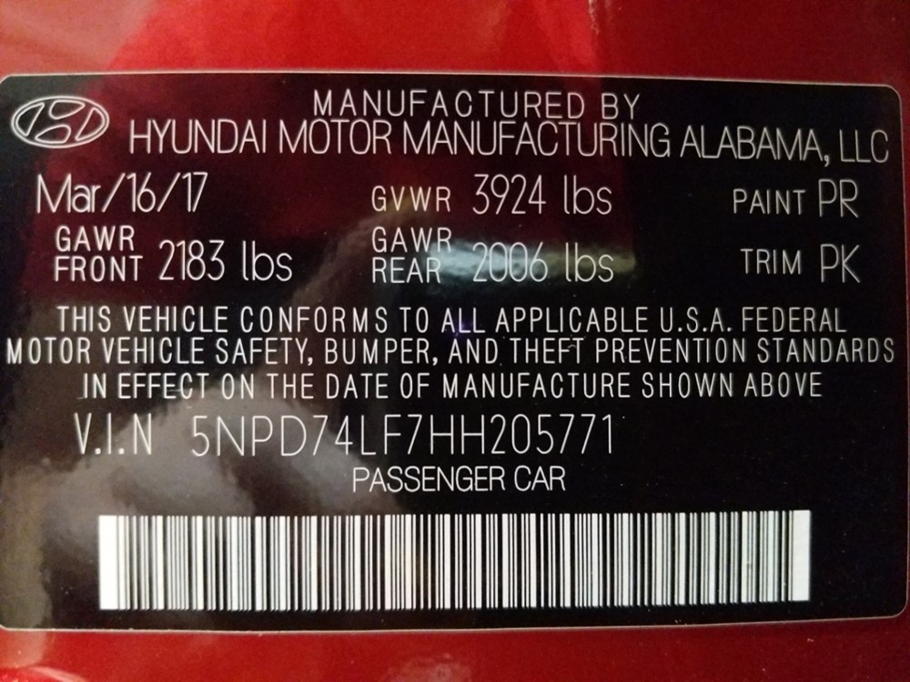 2017 Hyundai Elantra - VIN Plate