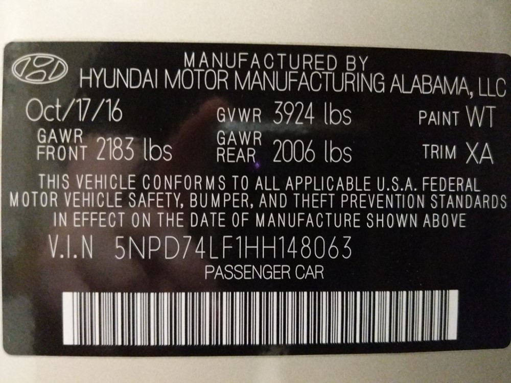 2017 Hyundai Elantra - VIN Plate