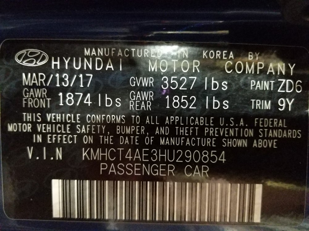 2017 Hyundai Accent - VIN Plate