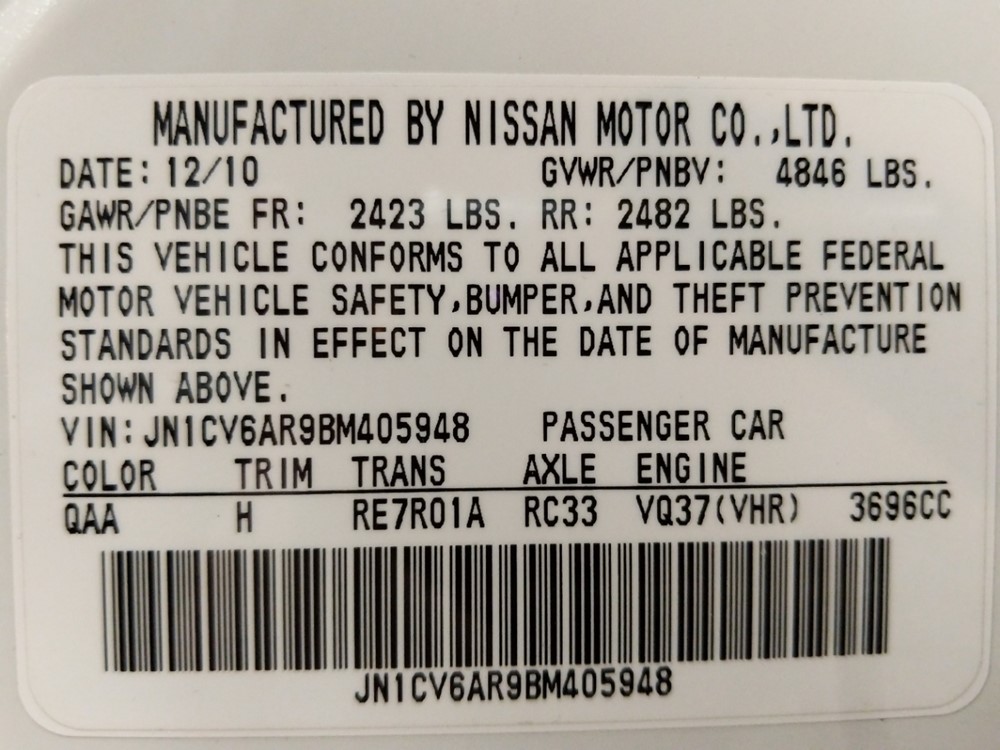 2011 INFINITI G37 - VIN Plate