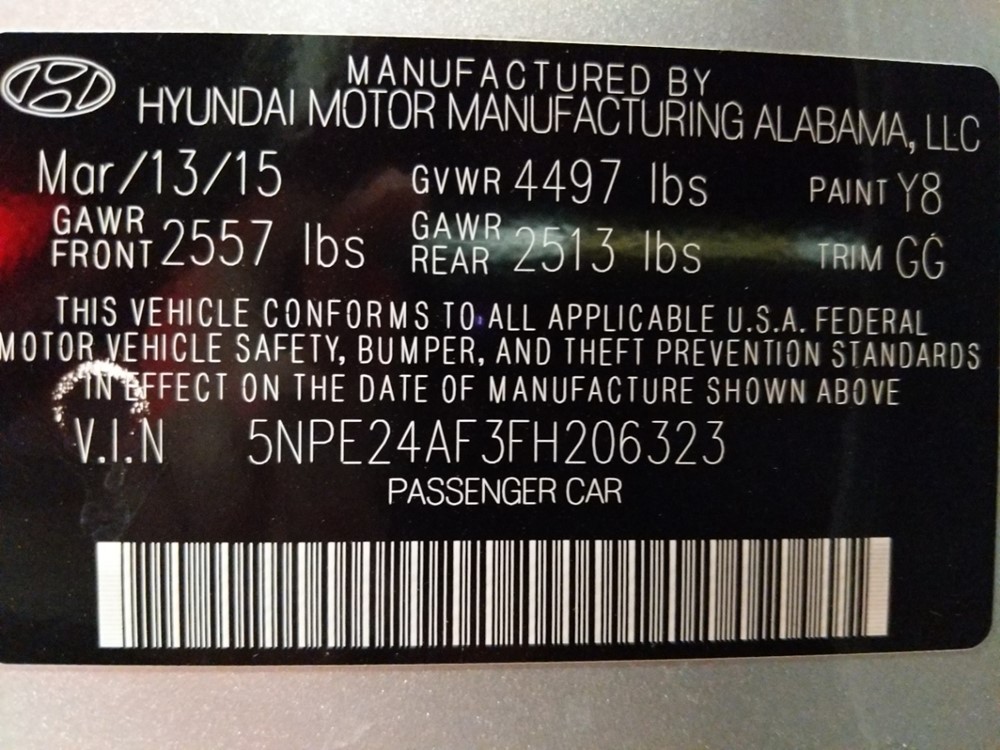 2015 Hyundai Sonata - VIN Plate
