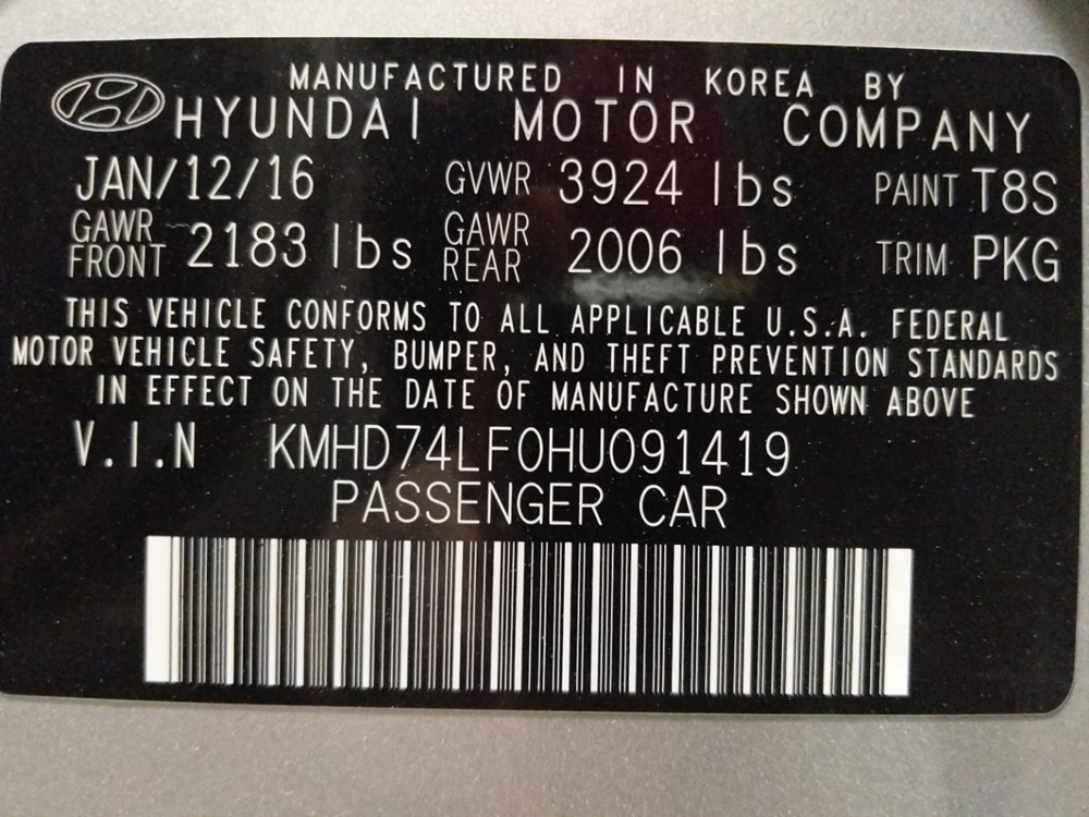2017 Hyundai Elantra - VIN Plate