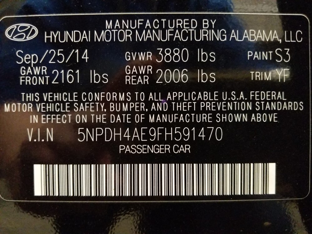 2015 Hyundai Elantra - VIN Plate