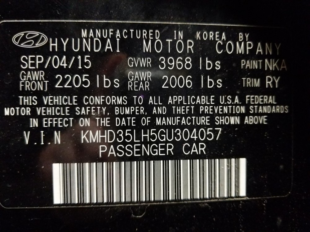 2016 Hyundai Elantra - VIN Plate