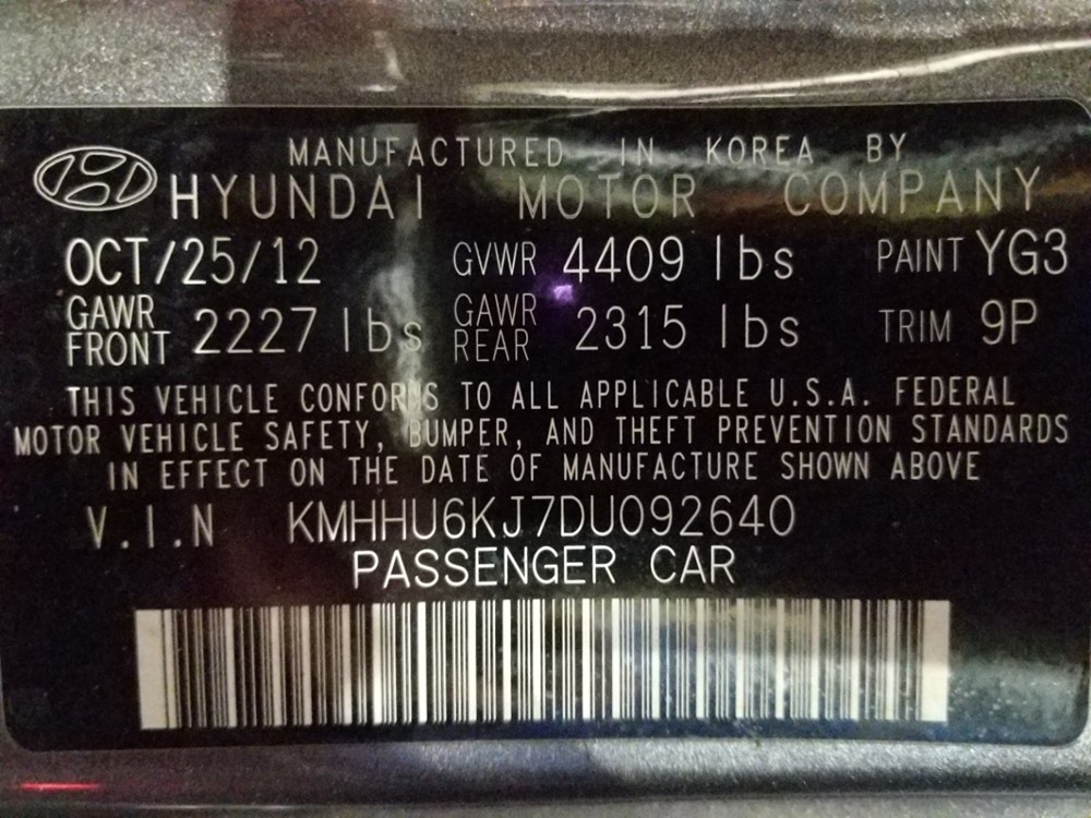 2013 Hyundai Genesis - VIN Plate