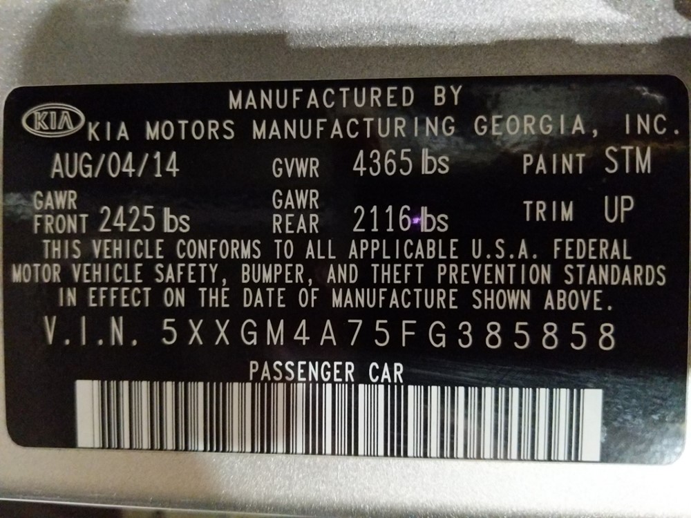 2015 Kia Optima - VIN Plate