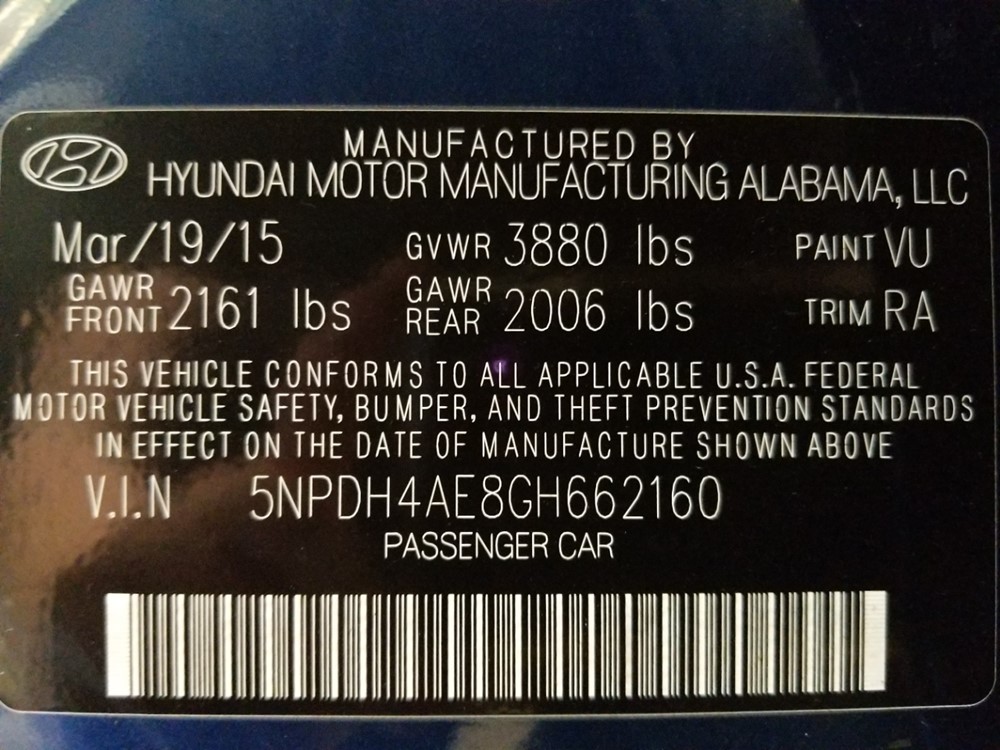 2016 Hyundai Elantra - VIN Plate