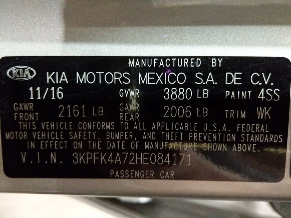2017 Kia Forte - VIN Plate