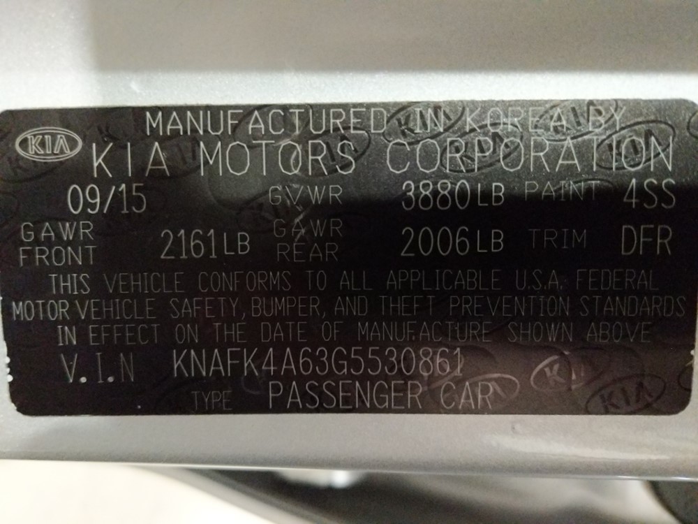 2016 Kia Forte - VIN Plate