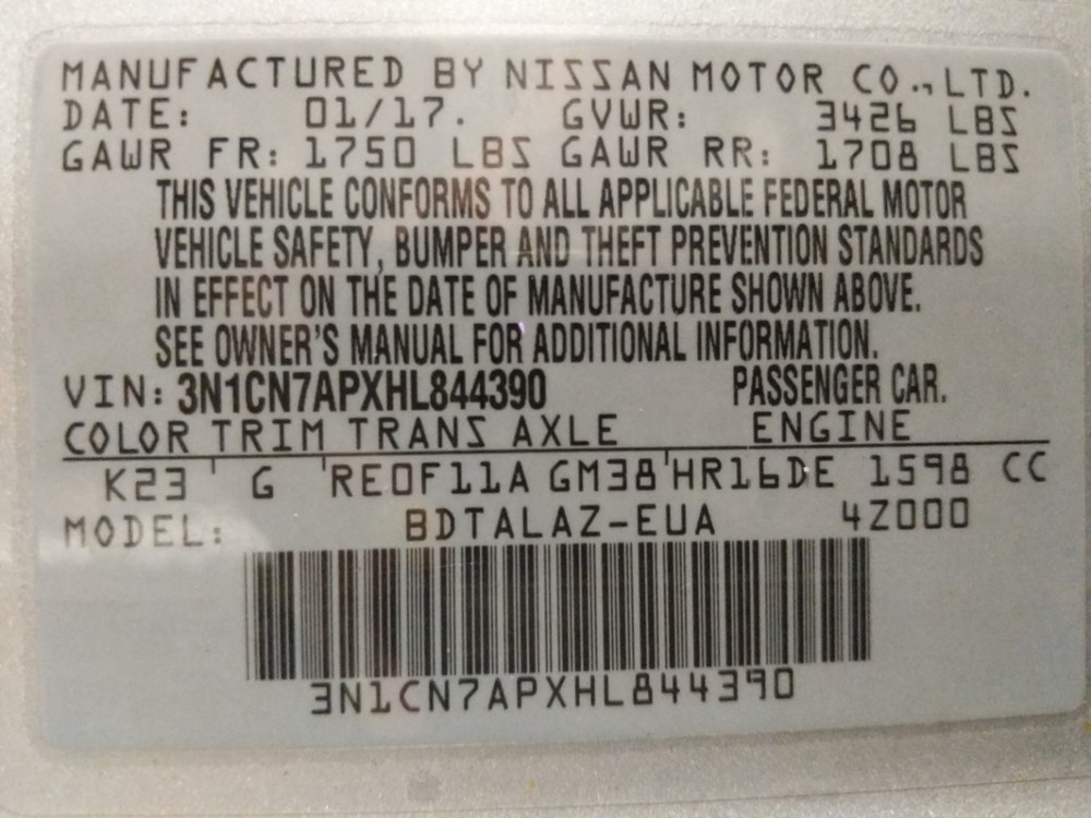 2017 Nissan Versa - VIN Plate
