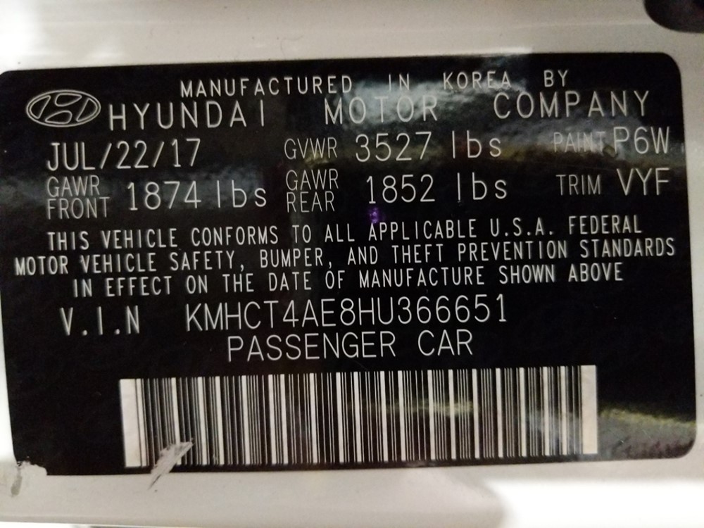 2017 Hyundai Accent - VIN Plate