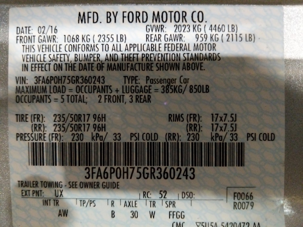 2016 Ford Fusion - VIN Plate