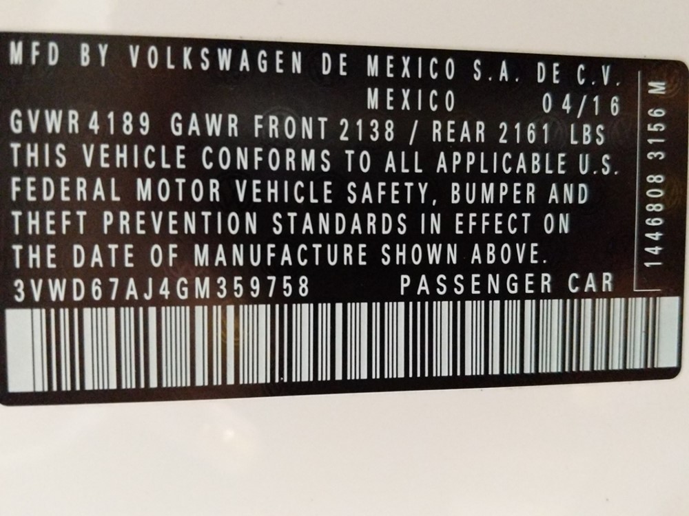 2016 Volkswagen Jetta - VIN Plate