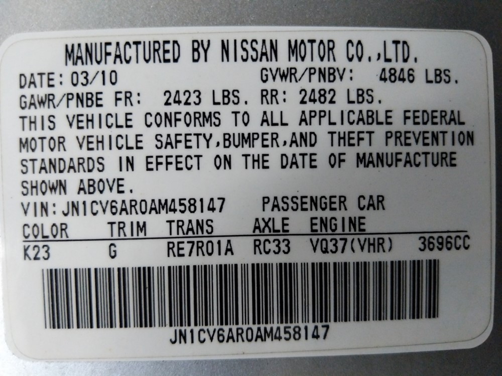 2010 INFINITI G37 - VIN Plate