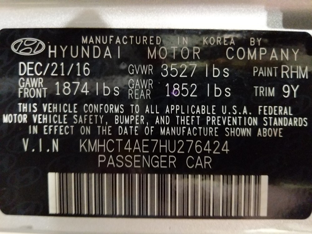 2017 Hyundai Accent - VIN Plate