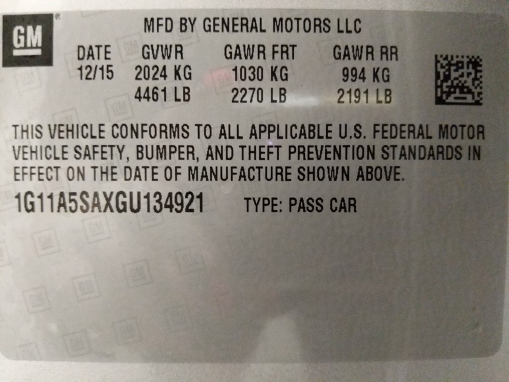 2016 Chevrolet Malibu - VIN Plate