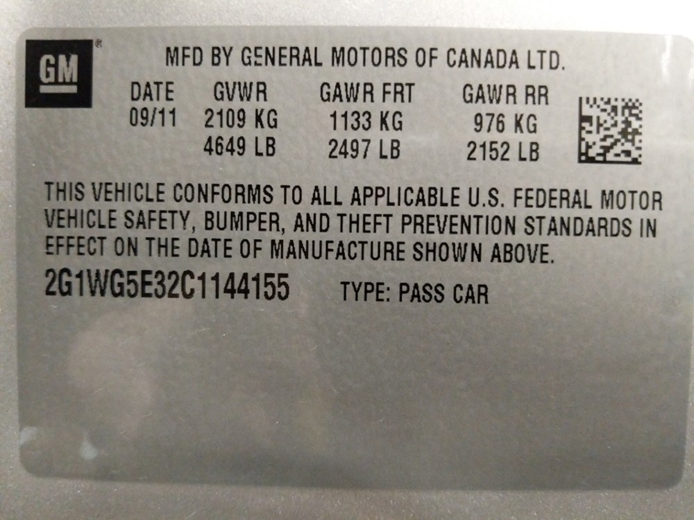 2012 Chevrolet Impala - VIN Plate