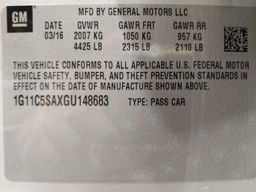2016 Chevrolet Malibu - VIN Plate