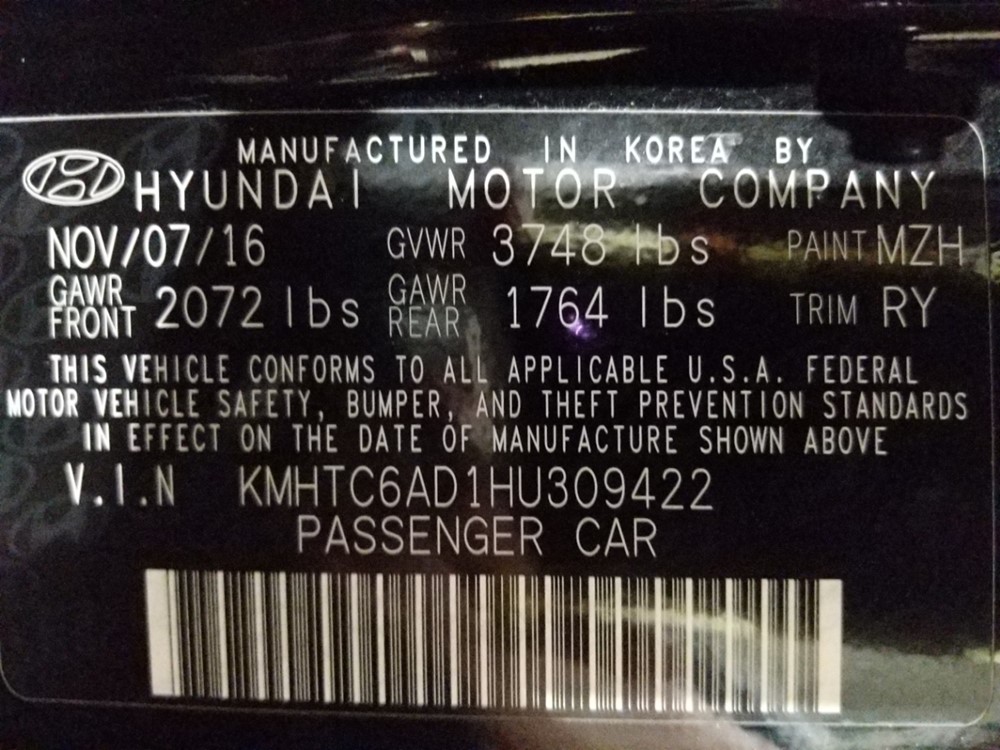 2017 Hyundai Veloster - VIN Plate