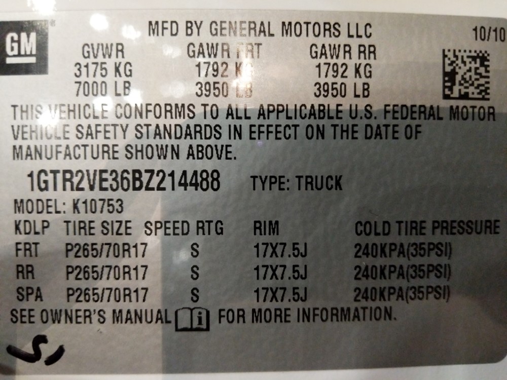 2011 GMC Sierra 1500 - VIN Plate