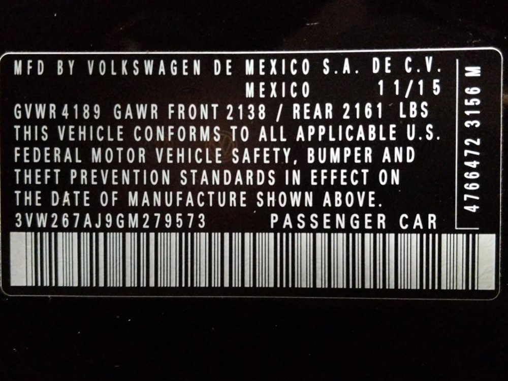 2016 Volkswagen Jetta - VIN Plate