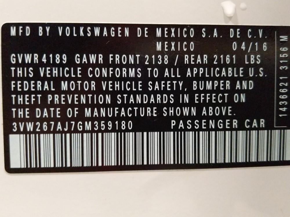 2016 Volkswagen Jetta - VIN Plate