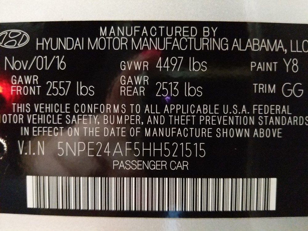 2017 Hyundai Sonata - VIN Plate