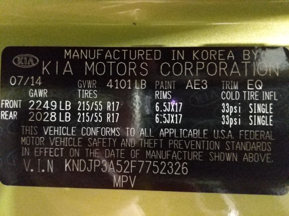 2015 Kia Soul - VIN Plate