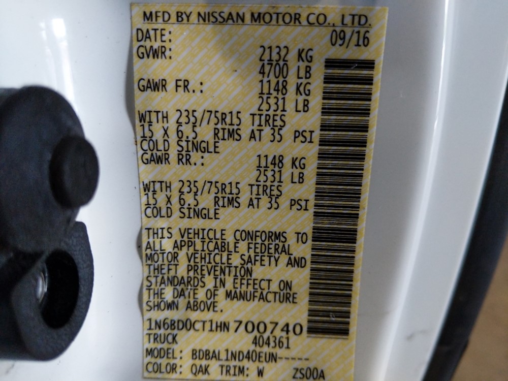 2017 Nissan Frontier - VIN Plate