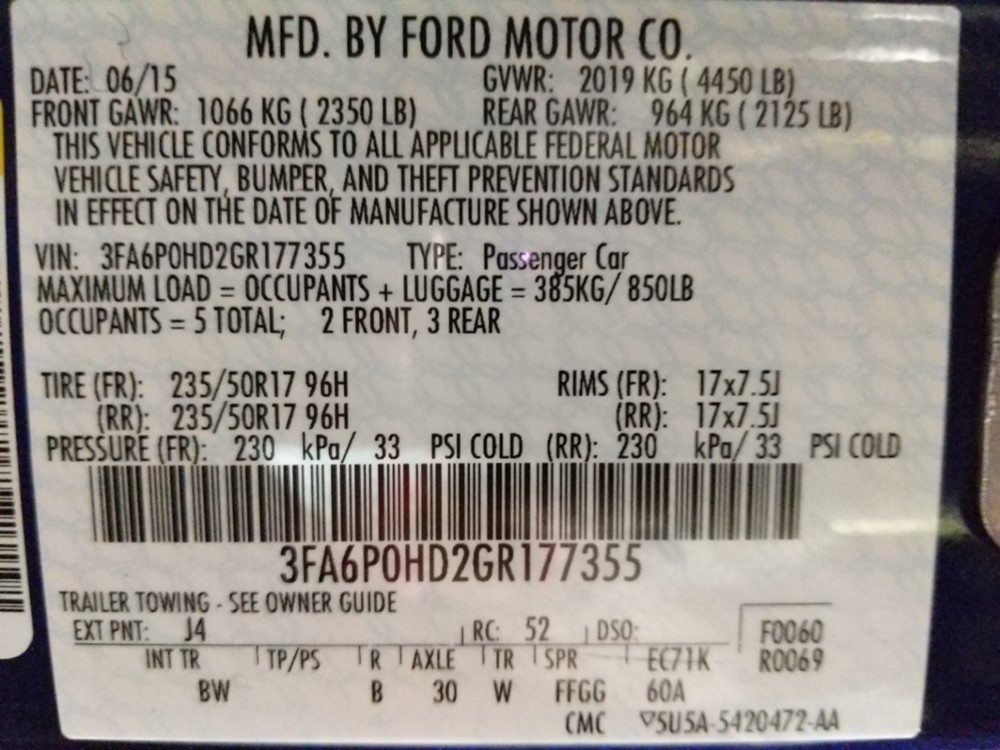 2016 Ford Fusion - VIN Plate