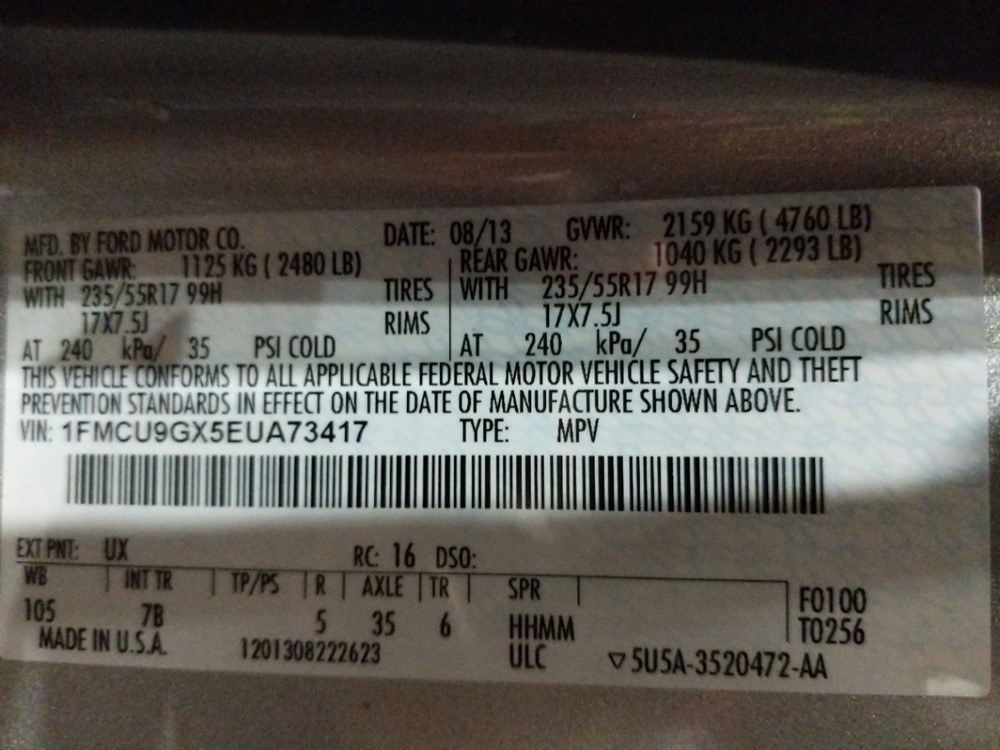 2014 Ford Escape - VIN Plate