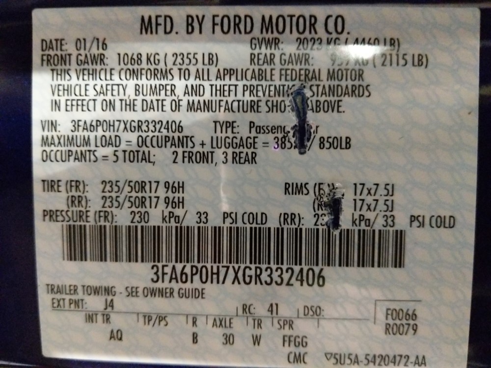 2016 Ford Fusion - VIN Plate