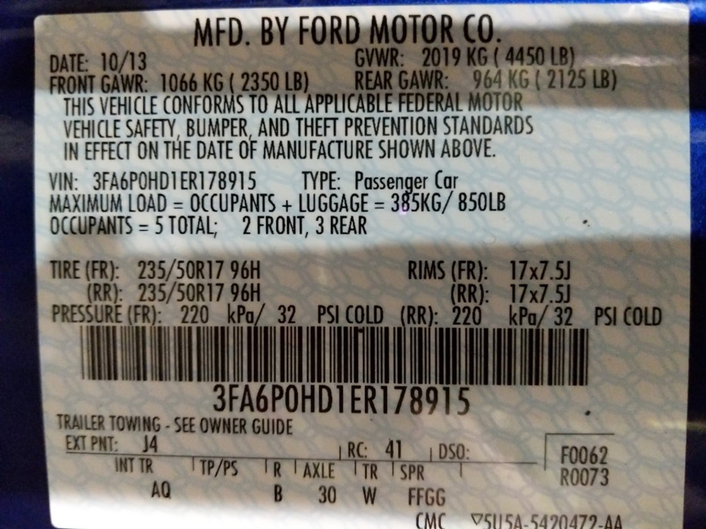 2014 Ford Fusion - VIN Plate