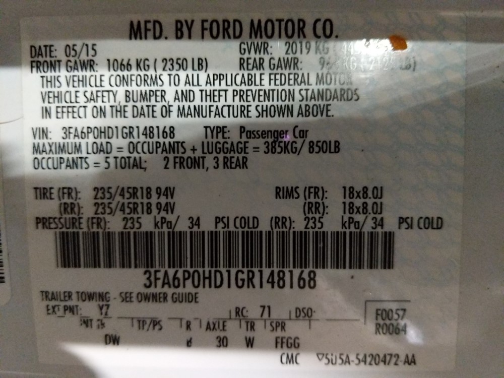 2016 Ford Fusion - VIN Plate