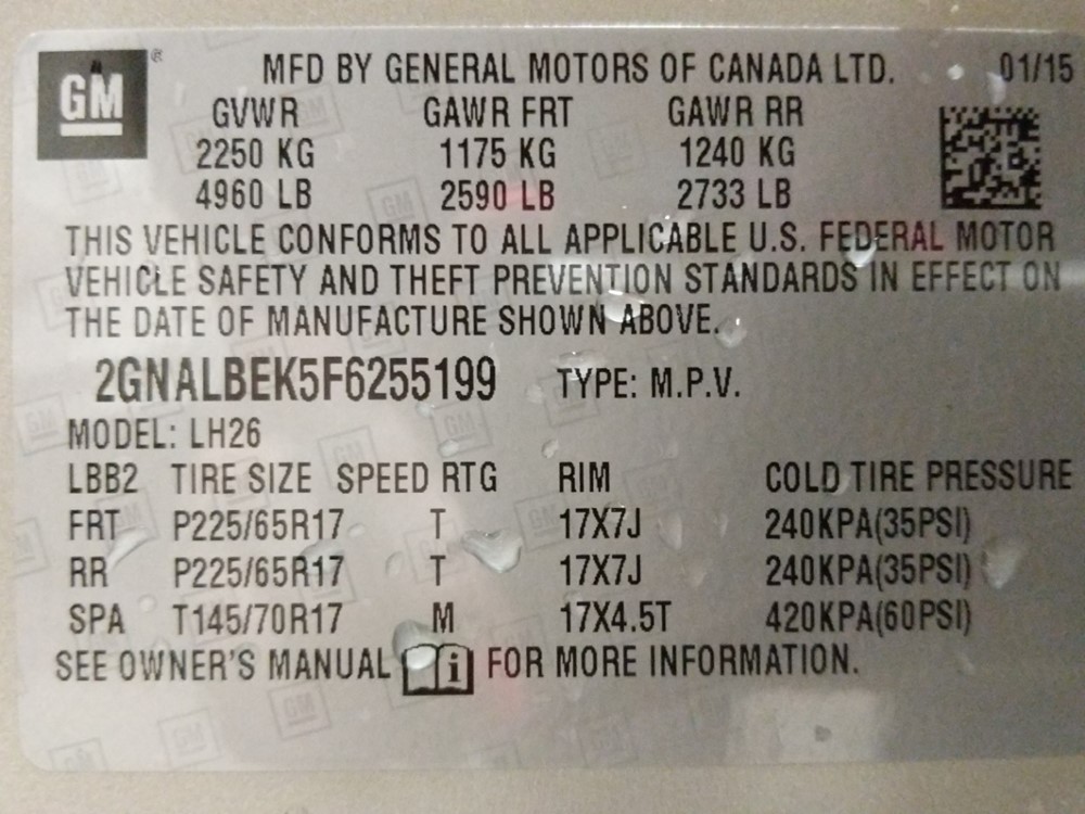 2015 Chevrolet Equinox - VIN Plate
