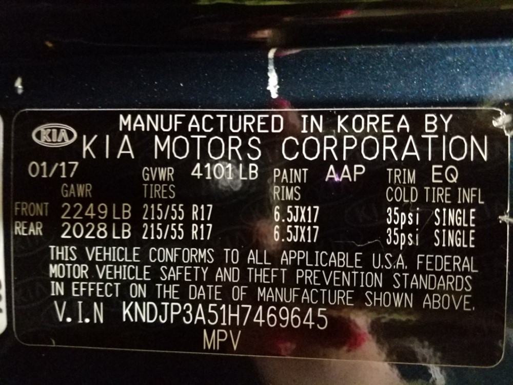2017 Kia Soul - VIN Plate