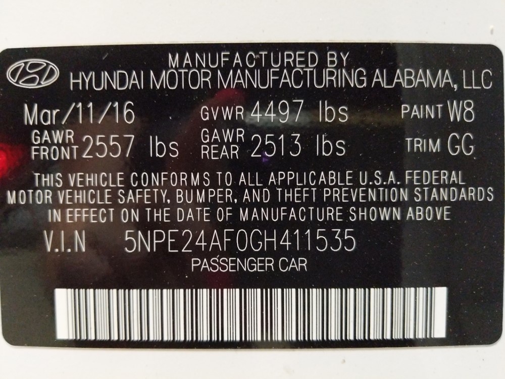 2016 Hyundai Sonata - VIN Plate