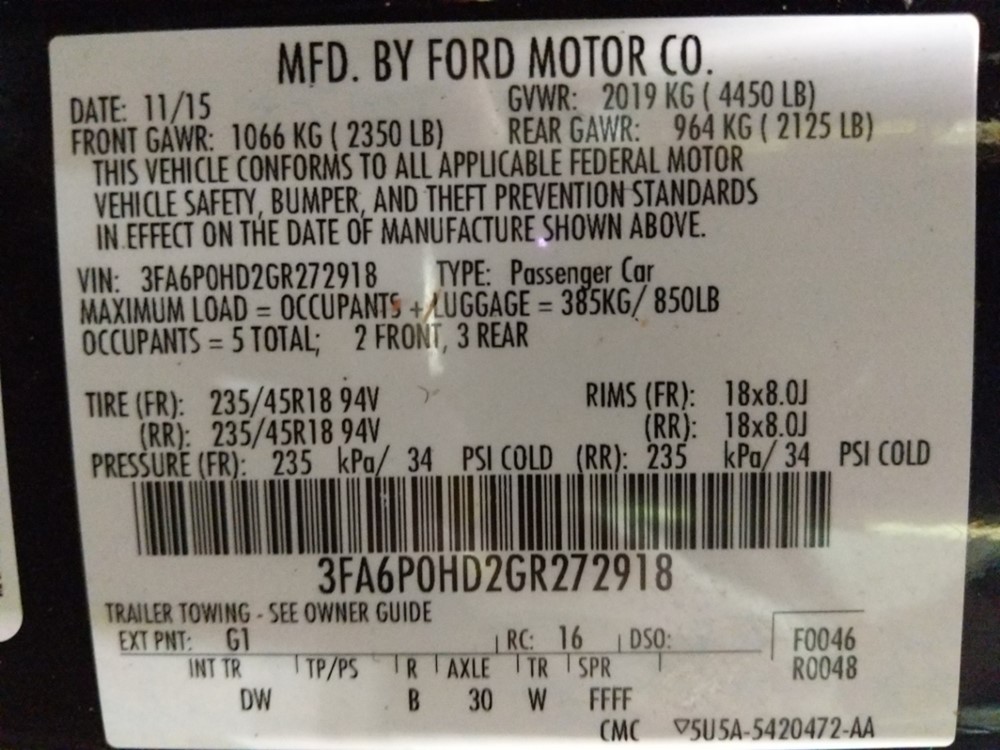 2016 Ford Fusion - VIN Plate
