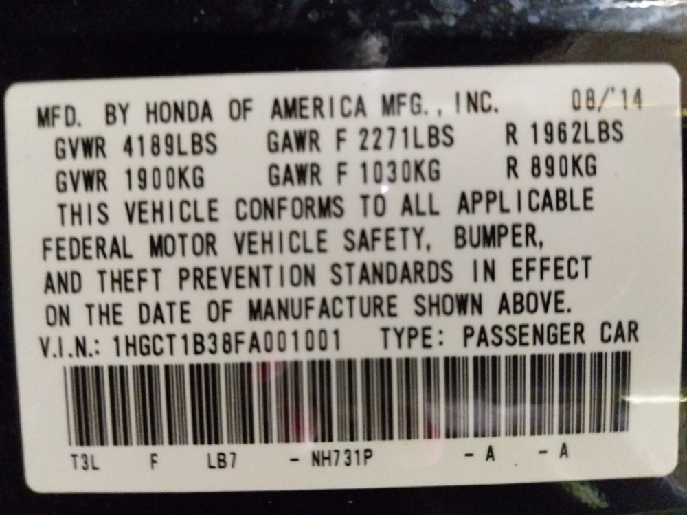 2015 Honda Accord - VIN Plate