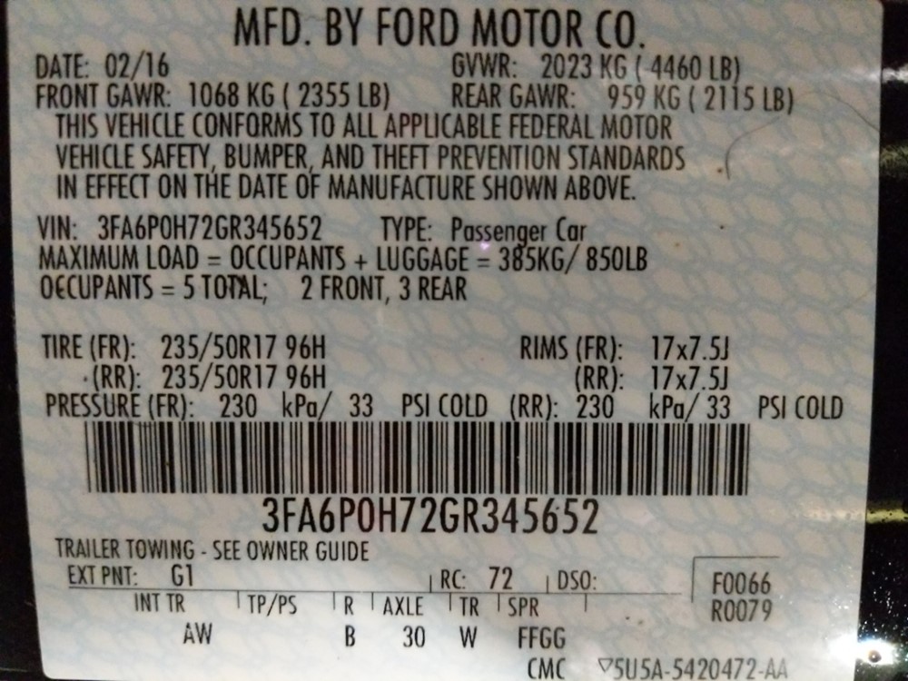 2016 Ford Fusion - VIN Plate