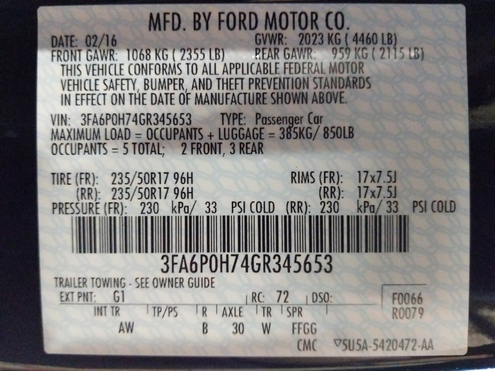 2016 Ford Fusion - VIN Plate