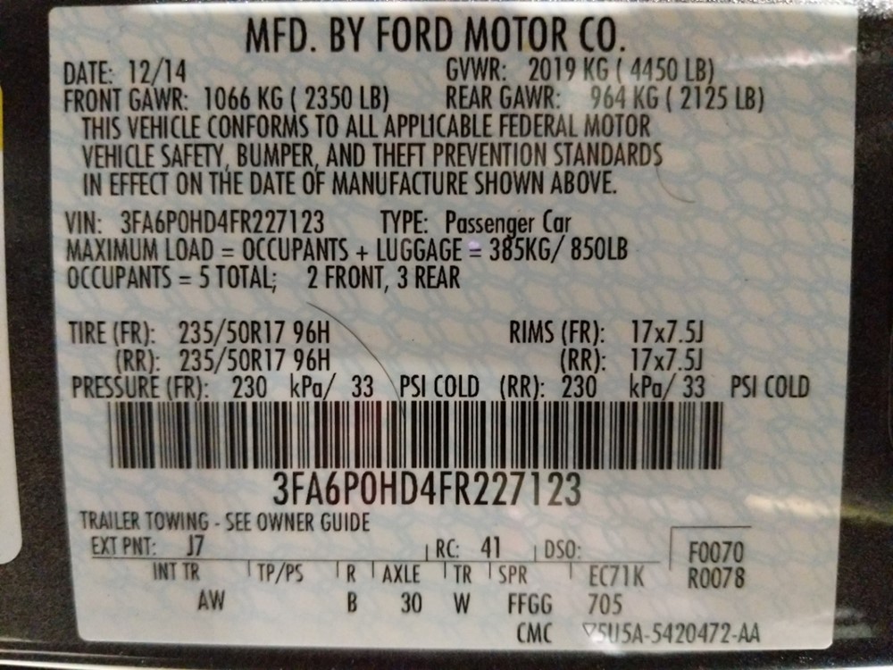 2015 Ford Fusion - VIN Plate