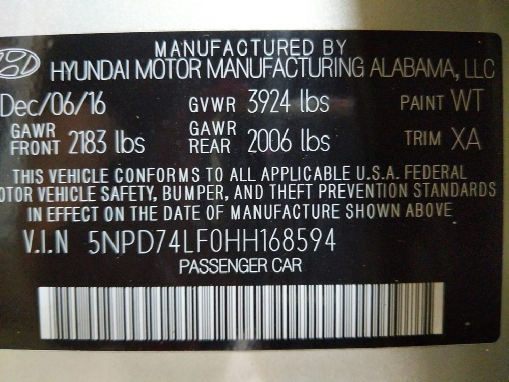 2017 Hyundai Elantra - VIN Plate
