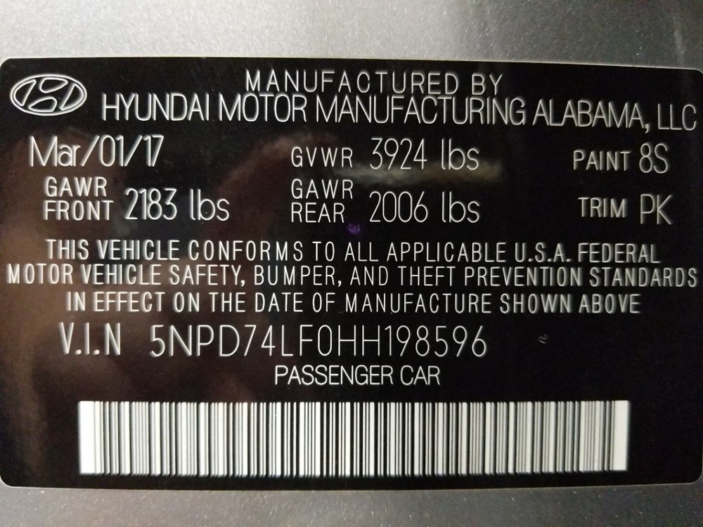 2017 Hyundai Elantra - VIN Plate