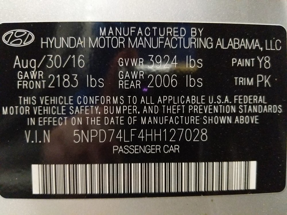 2017 Hyundai Elantra - VIN Plate